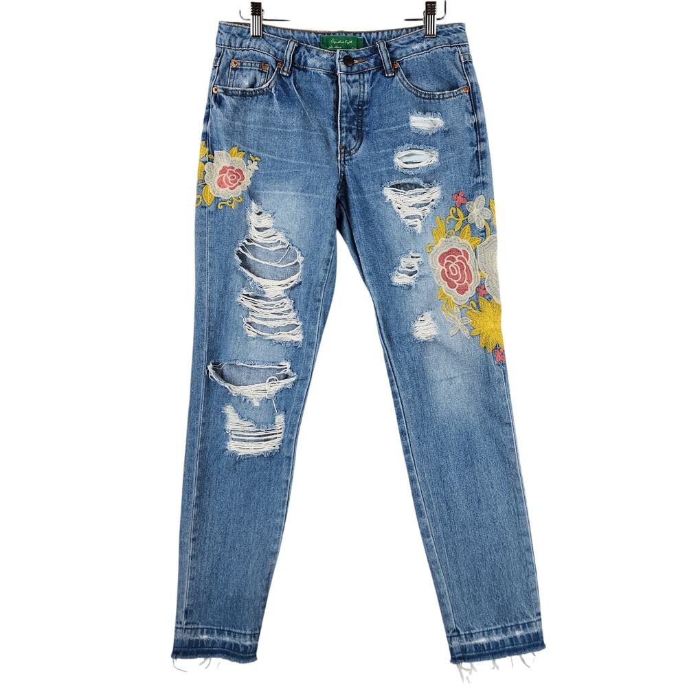 Signature Eight Womens Boyfriend Jeans S Floral Embroidered Distressed Light